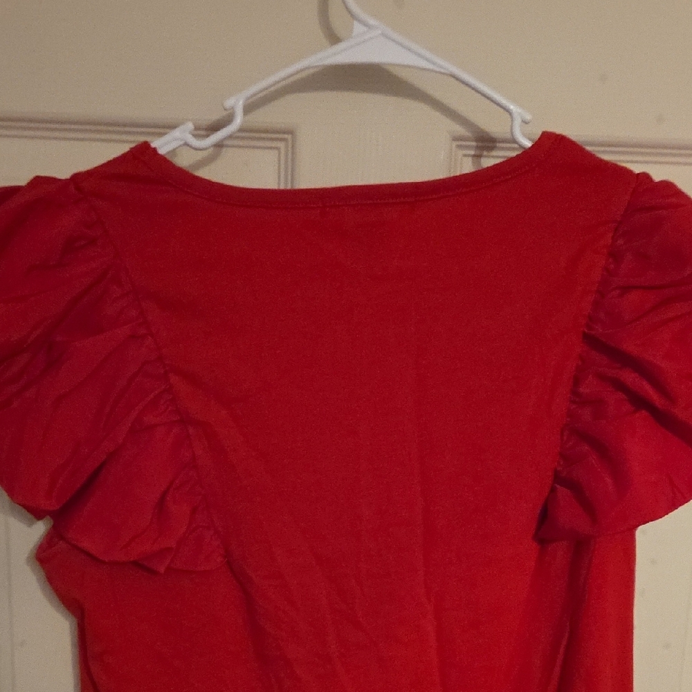 Vibrant Red Ruffled Flutter Sleeve Blouse - Picture 11 of 13